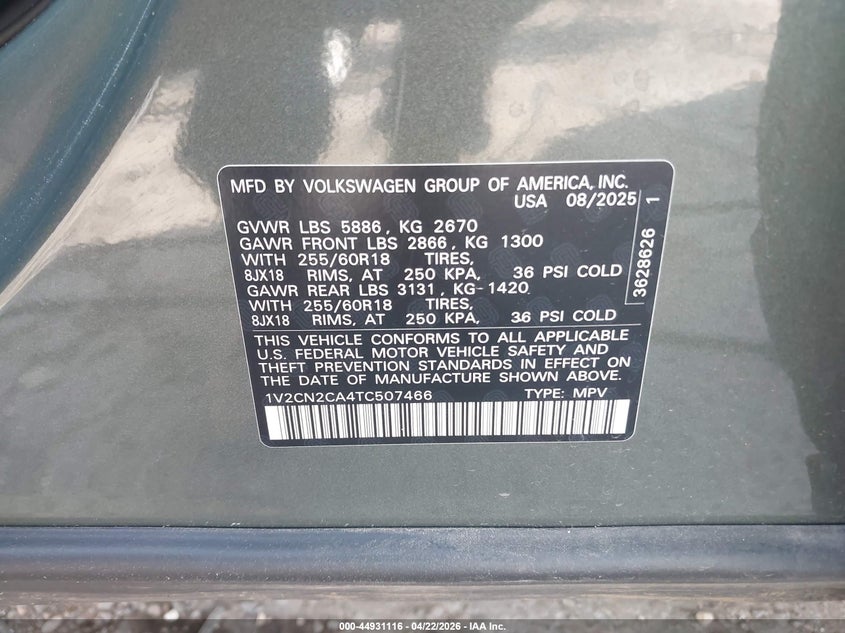 2026 Volkswagen Atlas VIN 1V2CN2CA4TC507466 IAAI salvage auction — REAR END, Salvage (Arkansas), sold $17,050 on 2026-07-30 (photo 9)