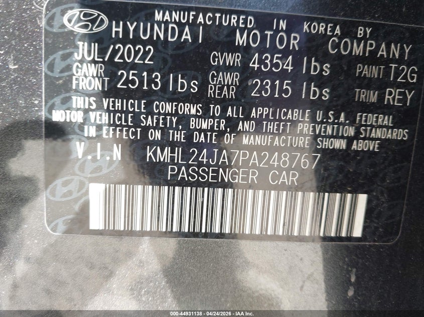 2023 Hyundai Sonata VIN KMHL24JA7PA248767 IAAI salvage auction — FRONT END, Salvage (New Jersey), sold $3,550 on 2026-07-14 (photo 9)