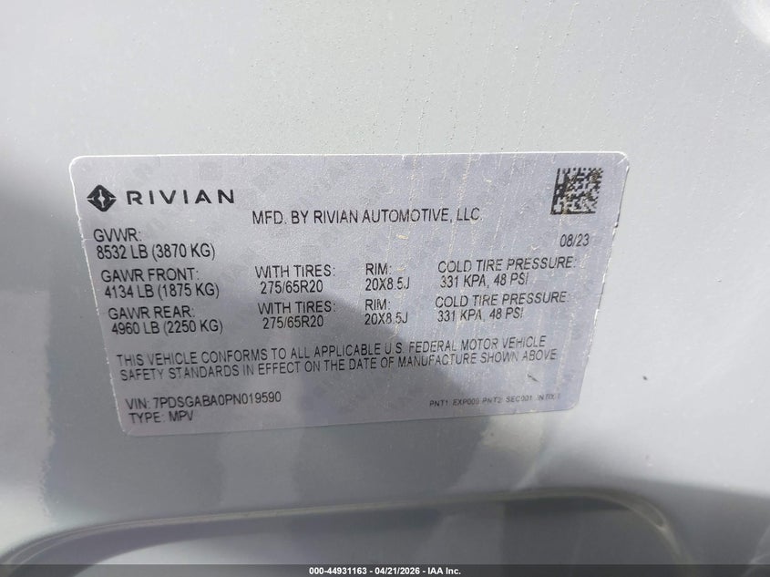 2023 Rivian R1s VIN 7PDSGABA0PN019590 IAAI salvage auction — Front End, Salvage (California), sold $23,600 on 2026-05-11 (photo 9)