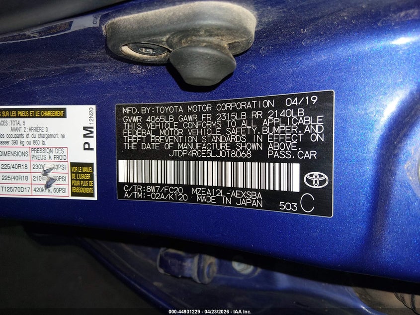 2020 Toyota Corolla VIN JTDP4RCE5LJ018068 IAAI salvage auction — RIGHT SIDE, Salvage (Arizona), sold $4,025 on 2026-07-28 (photo 9)
