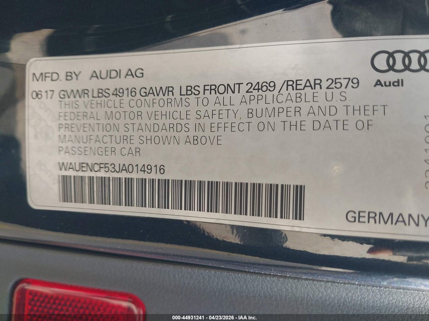 2018 Audi A5 VIN WAUENCF53JA014916 IAAI salvage auction — SIDE, Original (Texas), sold $5,100 on 2026-07-20 (photo 9)