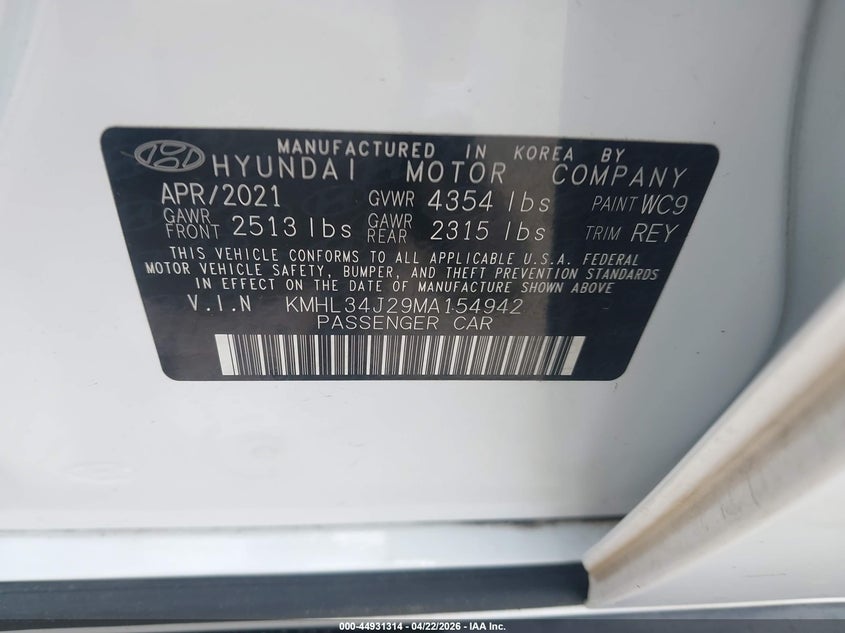 2021 Hyundai Sonata VIN KMHL34J29MA154942 IAAI salvage auction — RIGHT FRONT, Salvage (Louisiana), sold $6,100 on 2026-07-21 (photo 9)