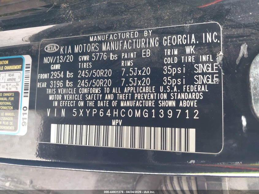 2021 Kia Telluride VIN 5XYP64HC0MG139712 IAAI salvage auction — RIGHT SIDE, Original (Texas), sold $5,250 on 2026-07-13 (photo 9)