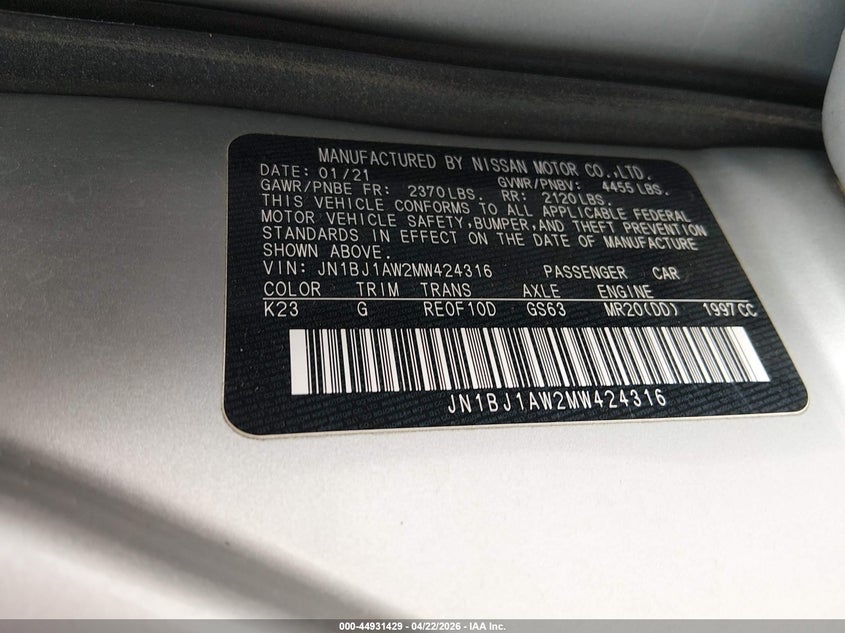 2021 Nissan Rogue VIN JN1BJ1AW2MW424316 IAAI salvage auction — STORM DAMAGE, Clear (Missouri), sold $3,500 on 2026-07-16 (photo 9)