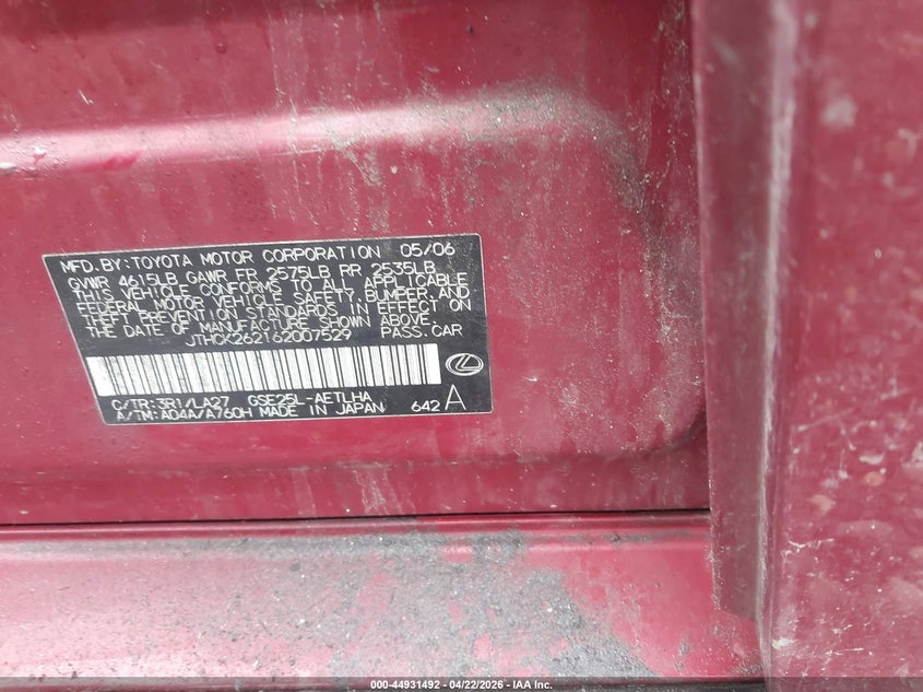 2006 Lexus Is 250 VIN JTHCK262162007529 IAAI salvage auction — UNKNOWN, Bill Of Sale (New York), sold $550 on 2026-07-14 (photo 9)