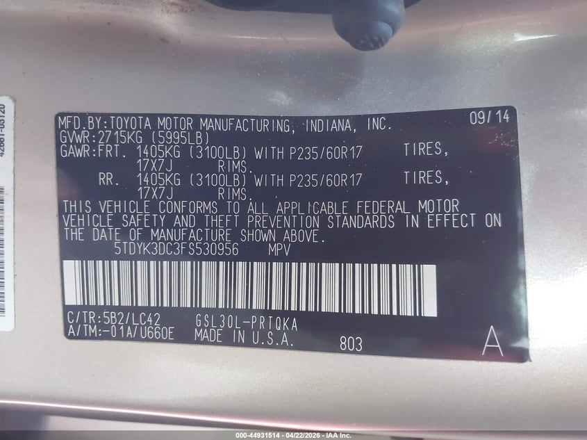 2015 Toyota Sienna VIN 5TDYK3DC3FS530956 IAAI salvage auction — REAR END, Salvage Title, sold $2,325 on 2026-07-28 (photo 9)