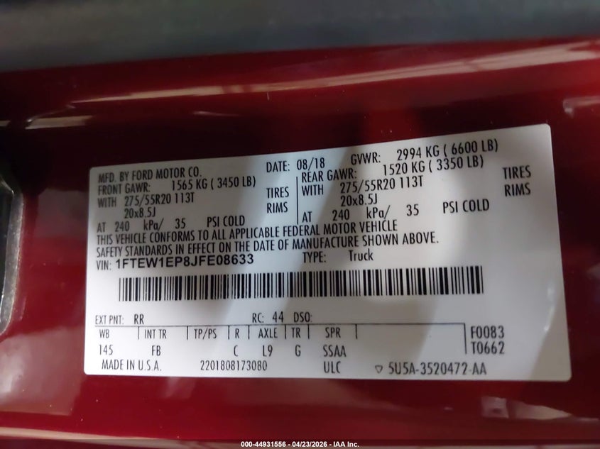 2018 Ford F-150 VIN 1FTEW1EP8JFE08633 IAAI salvage auction — FRONT END, Salvage Title, sold $3,250 on 2026-07-19 (photo 9)