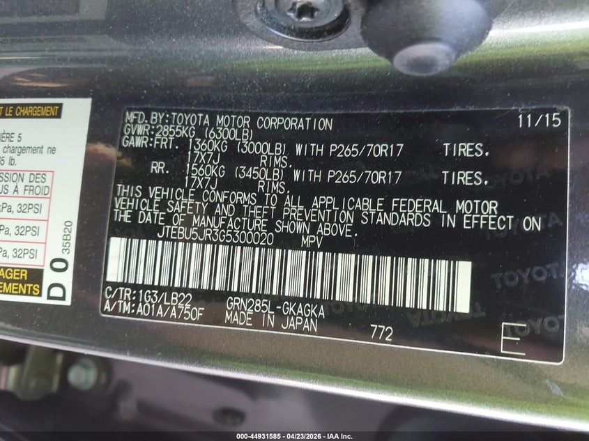 2016 Toyota 4runner VIN JTEBU5JR3G5300020 IAAI salvage auction — RIGHT FRONT, Clear (Tennessee), sold $8,350 on 2026-07-15 (photo 9)