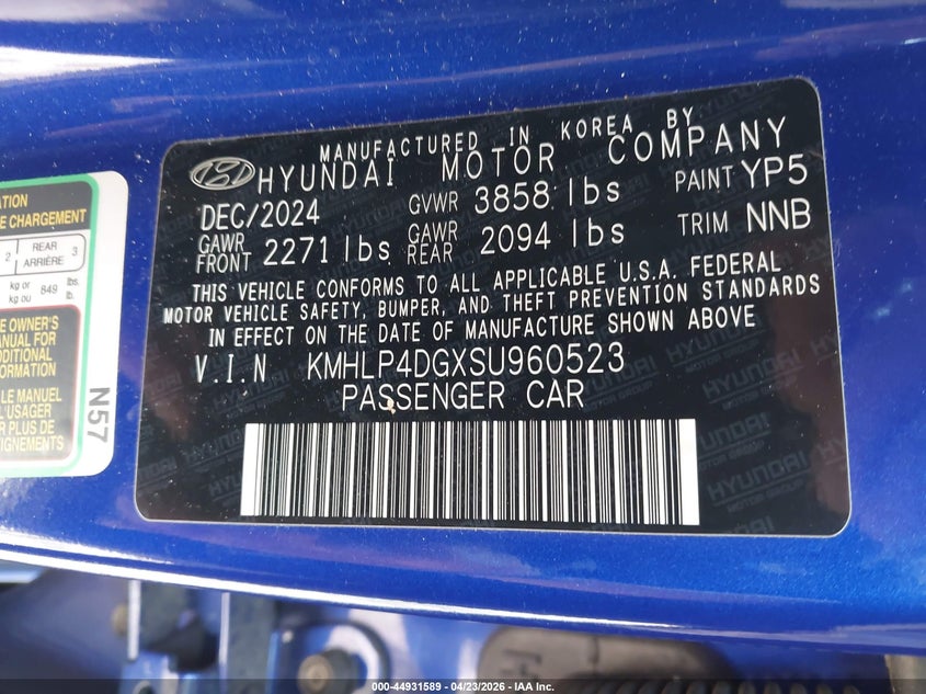 2025 Hyundai Elantra VIN KMHLP4DGXSU960523 IAAI salvage auction — LEFT FRONT, Certificate Of Destruction (Florida), sold $7,600 on 2026-07-16 (photo 9)