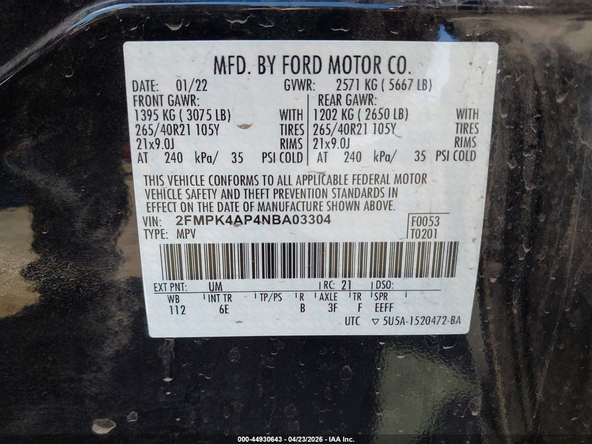 2022 Ford Edge VIN 2FMPK4AP4NBA03304 IAAI salvage auction — FRONT END, Salvage (South Carolina), sold $10,900 on 2026-07-29 (photo 9)