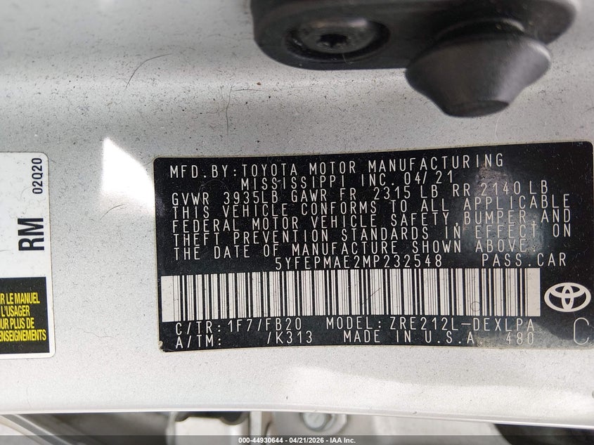 2021 Toyota Corolla VIN 5YFEPMAE2MP232548 IAAI salvage auction — FRONT END, Salvage Title, sold $2,100 on 2026-07-30 (photo 9)