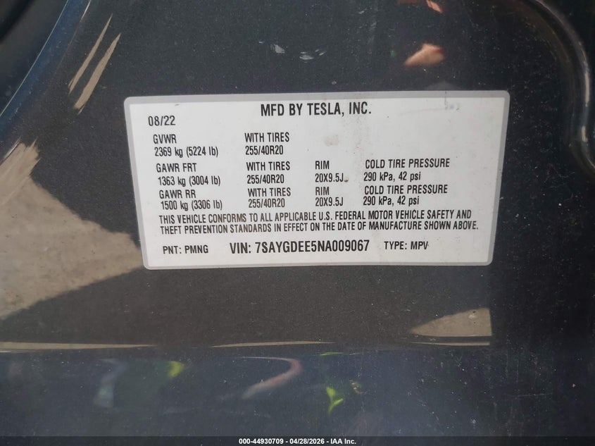 2022 Tesla Model y VIN 7SAYGDEE5NA009067 IAAI salvage auction — LEFT SIDE, Salvage Title, sold $13,250 on 2026-07-10 (photo 9)
