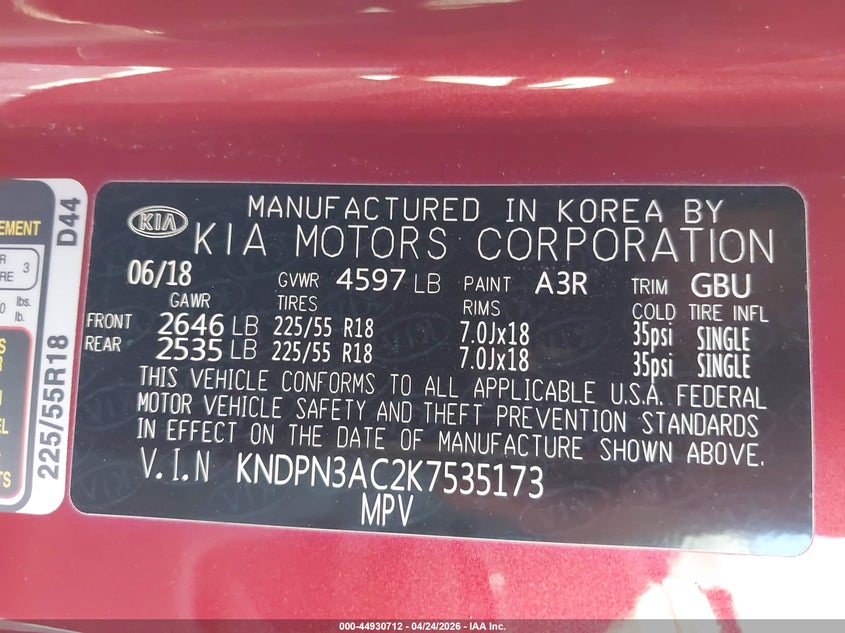 2019 Kia Sportage VIN KNDPN3AC2K7535173 IAAI salvage auction — FRONT END, Salvage Title, sold $1,150 on 2026-07-21 (photo 9)