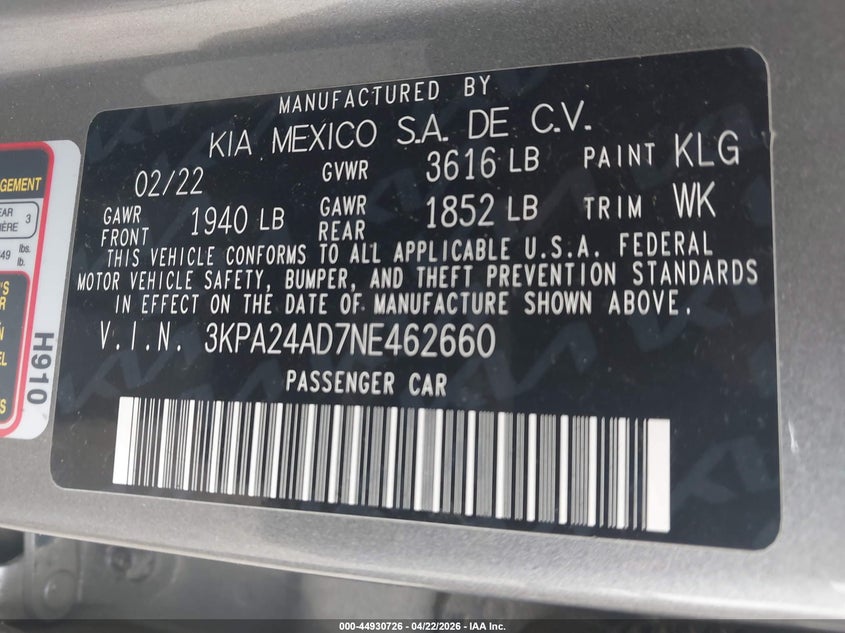 2022 Kia Rio VIN 3KPA24AD7NE462660 IAAI salvage auction — SIDE, Salvage (Texas), sold $2,050 on 2026-07-09 (photo 9)