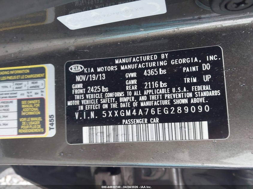 2014 Kia Optima VIN 5XXGM4A76EG289090 IAAI salvage auction — REAR END, Clear (Arkansas), sold $700 on 2026-07-08 (photo 9)
