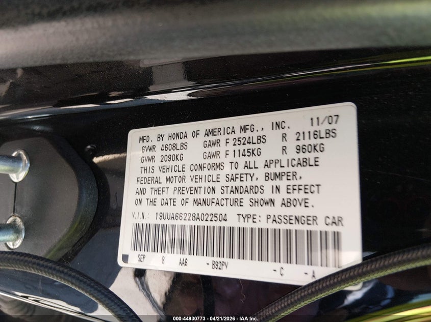 2008 Acura Tl VIN 19UUA66228A022504 IAAI salvage auction — REAR END, Salvage (North Carolina), sold $375 on 2026-07-09 (photo 9)