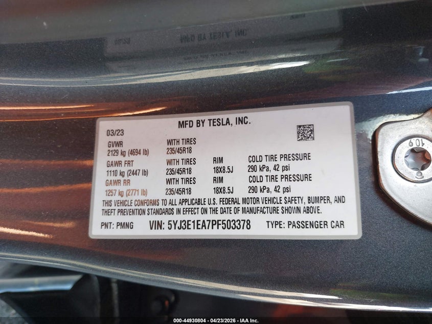 2023 Tesla Model 3 VIN 5YJ3E1EA7PF503378 IAAI salvage auction — FRONT END, Salvage (New Jersey), sold $6,100 on 2026-07-26 (photo 9)