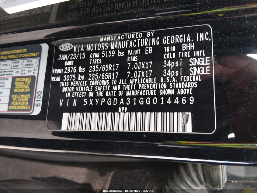 2016 Kia Sorento VIN 5XYPGDA31GG014469 IAAI salvage auction — LEFT FRONT, Salvage (Colorado), sold $2,300 on 2026-08-01 (photo 9)