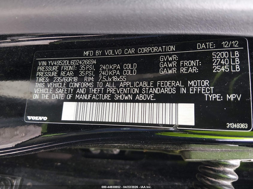 2013 Volvo Xc60 VIN YV4952DL6D2426694 IAAI salvage auction — LEFT REAR, Original (Texas), sold $500 on 2026-07-09 (photo 9)