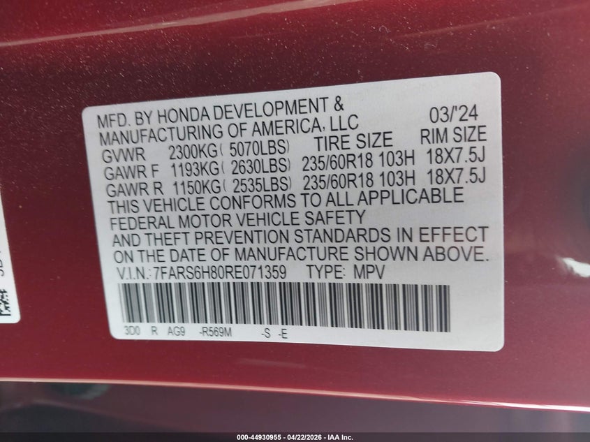 2024 Honda Cr-v VIN 7FARS6H80RE071359 IAAI salvage auction — FRONT & REAR, Clear (Oklahoma), sold $5,450 on 2026-07-14 (photo 9)