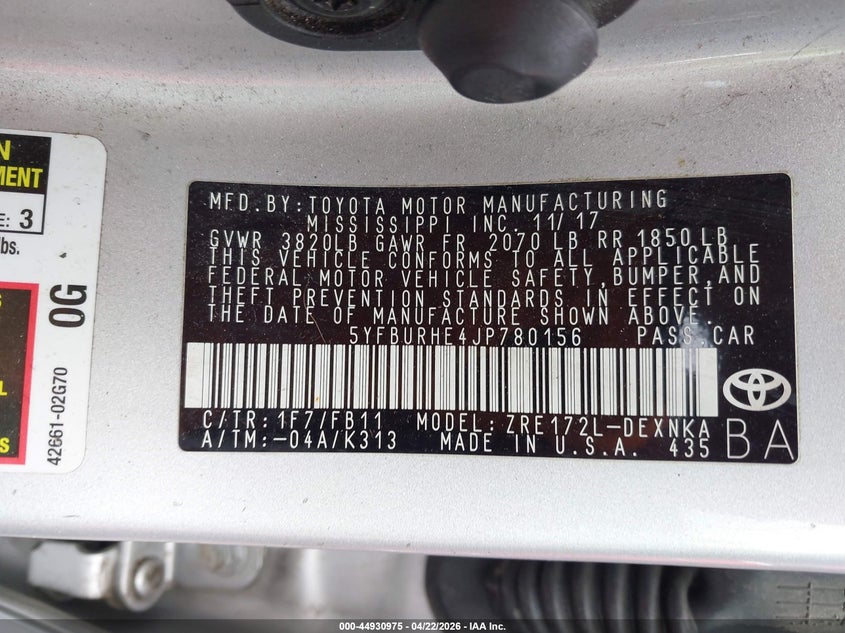 2018 Toyota Corolla VIN 5YFBURHE4JP780156 IAAI salvage auction — REAR END, Salvage Title, sold $3,000 on 2026-07-29 (photo 9)