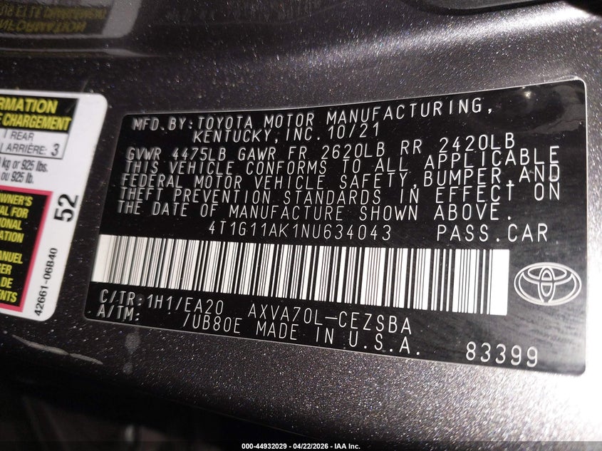 2022 Toyota Camry VIN 4T1G11AK1NU634043 IAAI salvage auction — LEFT FRONT, Salvage (Minnesota), sold $8,200 on 2026-07-18 (photo 9)