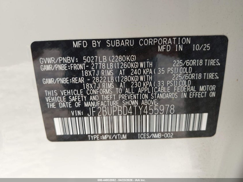 2026 Subaru Outback VIN JF2BUPBD4TY455978 IAAI salvage auction — LEFT FRONT, Salvage (Georgia), sold $18,300 on 2026-07-13 (photo 9)