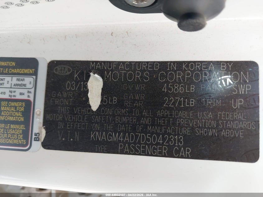 2013 Kia Optima VIN KNAGM4AD7D5042313 IAAI salvage auction — NORMAL WEAR, Clear (Texas), sold $100 on 2026-07-29 (photo 9)