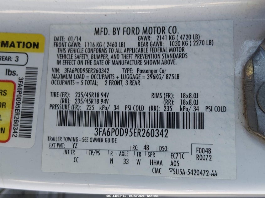2014 Ford Fusion VIN 3FA6P0D95ER260342 IAAI salvage auction — RIGHT SIDE, Nrc Lienholder Repossession Paperwork (Massachusetts), sold $300 on 2026-07-11 (photo 9)