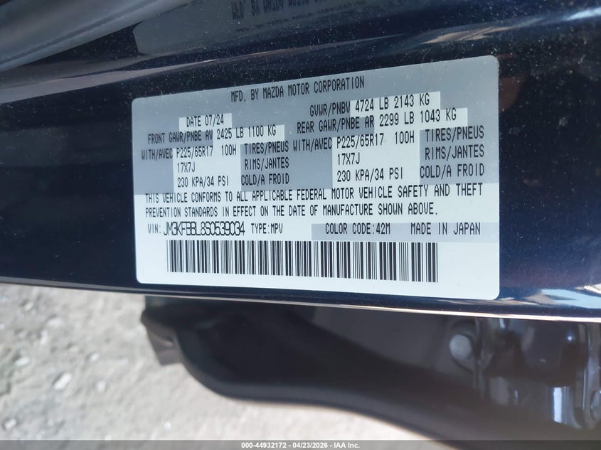 2025 Mazda Cx-5 VIN JM3KFBBL8S0539034 IAAI salvage auction — FRONT & REAR, Salvage Title, sold $6,600 on 2026-07-14 (photo 9)