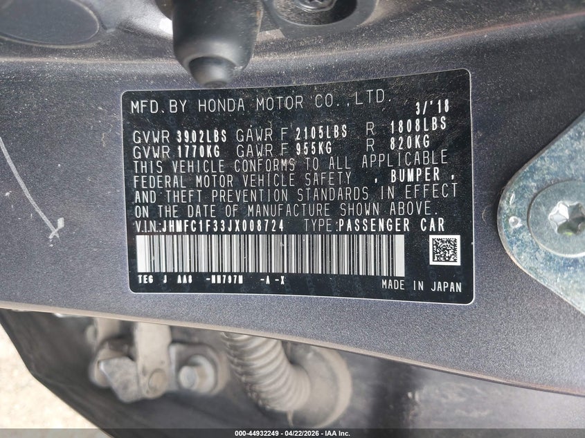 2018 Honda Civic VIN JHMFC1F33JX008724 IAAI salvage auction — FRONT END, Original (Texas), sold $4,200 on 2026-07-23 (photo 9)