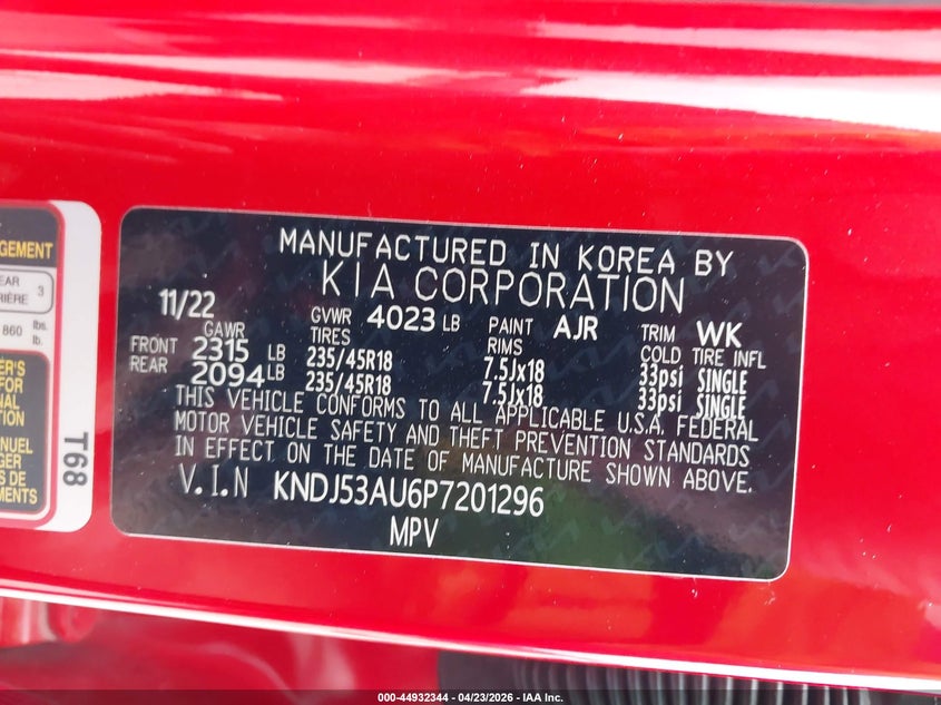 2023 Kia Soul VIN KNDJ53AU6P7201296 IAAI salvage auction — RIGHT FRONT, Salvage Title, sold $5,225 on 2026-07-08 (photo 9)