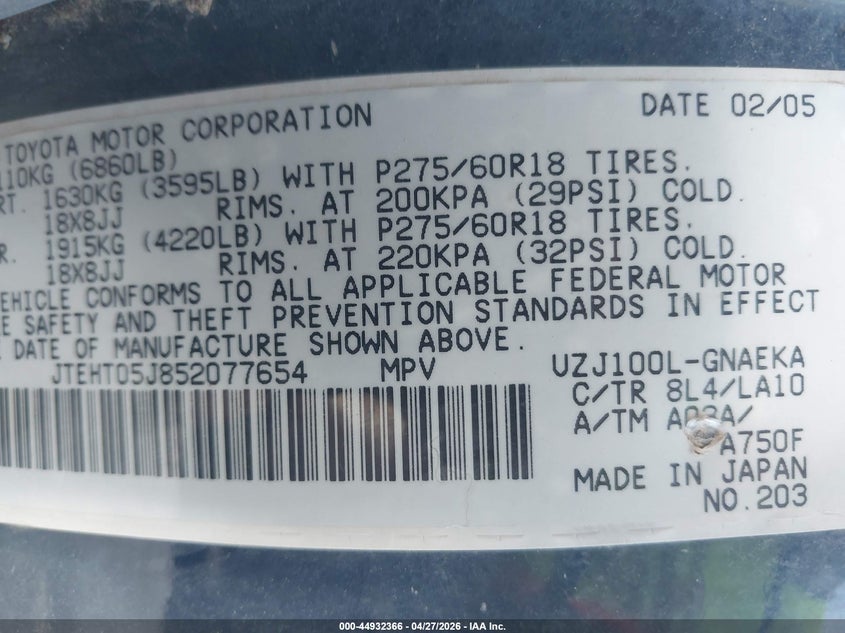 2005 Toyota Land cruiser VIN JTEHT05J852077654 IAAI salvage auction — ALL OVER, Salvage (California), sold $325 on 2026-07-13 (photo 9)