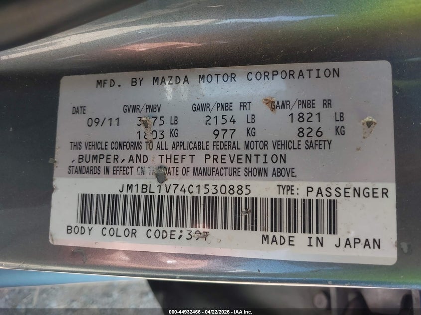 2012 Mazda 3 VIN JM1BL1V74C1530885 IAAI salvage auction — FRONT END, Salvage (Tennessee), sold $300 on 2026-07-15 (photo 9)