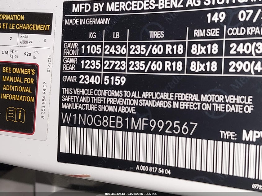 2021 Mercedes-benz Glc VIN W1N0G8EB1MF992567 IAAI salvage auction — BIOHAZARD/CHEMICAL, Salvage Title, sold $11,000 on 2026-07-15 (photo 9)