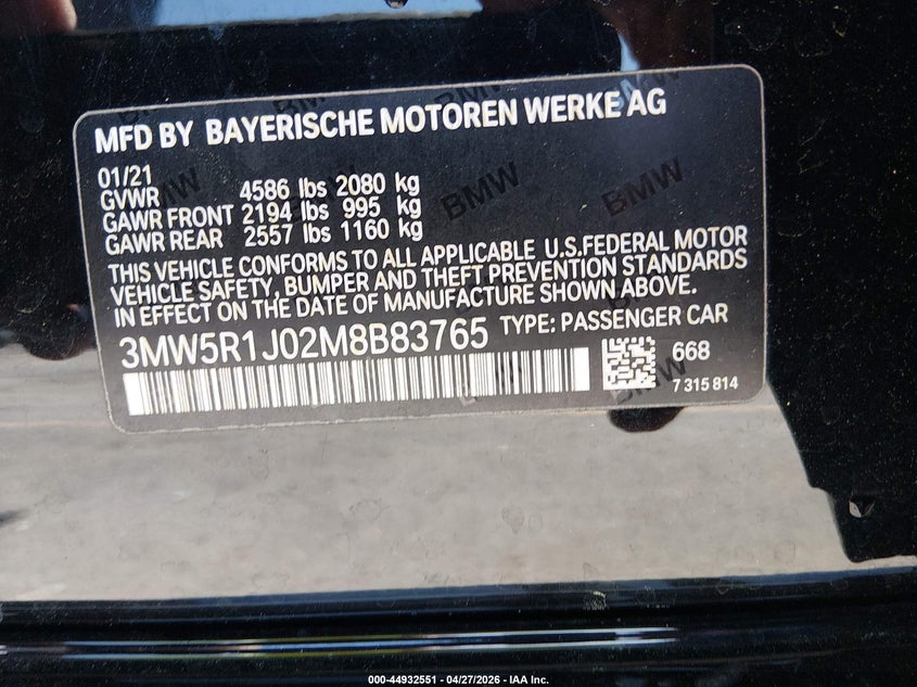 2021 BMW 3er VIN 3MW5R1J02M8B83765 IAAI salvage auction — LEFT FRONT, Salvage (South Carolina), sold $13,275 on 2026-08-26 (photo 9)