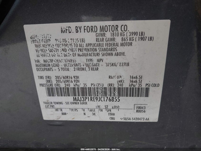 2018 Ford Ecosport VIN MAJ3P1RE9JC176855 IAAI salvage auction — FRONT & REAR, Salvage (Texas), sold $850 on 2026-07-28 (photo 9)