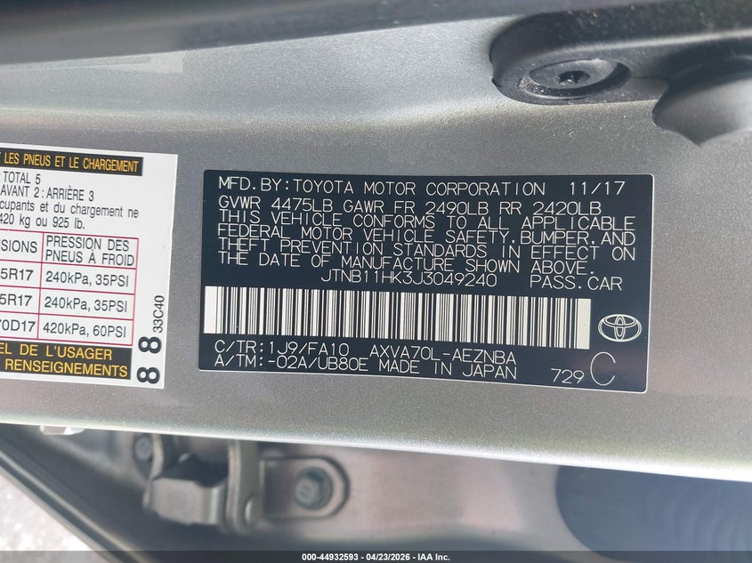 2018 Toyota Camry VIN JTNB11HK3J3049240 IAAI salvage auction — FRONT END, Salvage (Oregon), sold $3,150 on 2026-07-14 (photo 9)