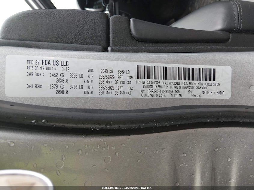 2018 Jeep Grand cherokee VIN 1C4RJFCG4JC334600 IAAI salvage auction — REAR END, Salvage (Idaho), sold $7,600 on 2026-07-30 (photo 9)