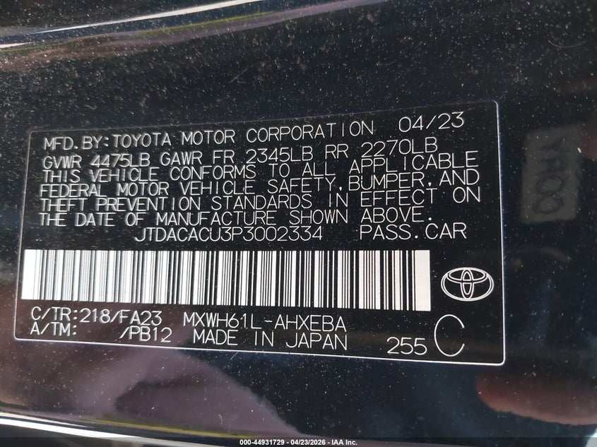 2023 Toyota Prius VIN JTDACACU3P3002334 IAAI salvage auction — FRONT & REAR, Wait Title, sold $8,975 on 2026-07-22 (photo 9)