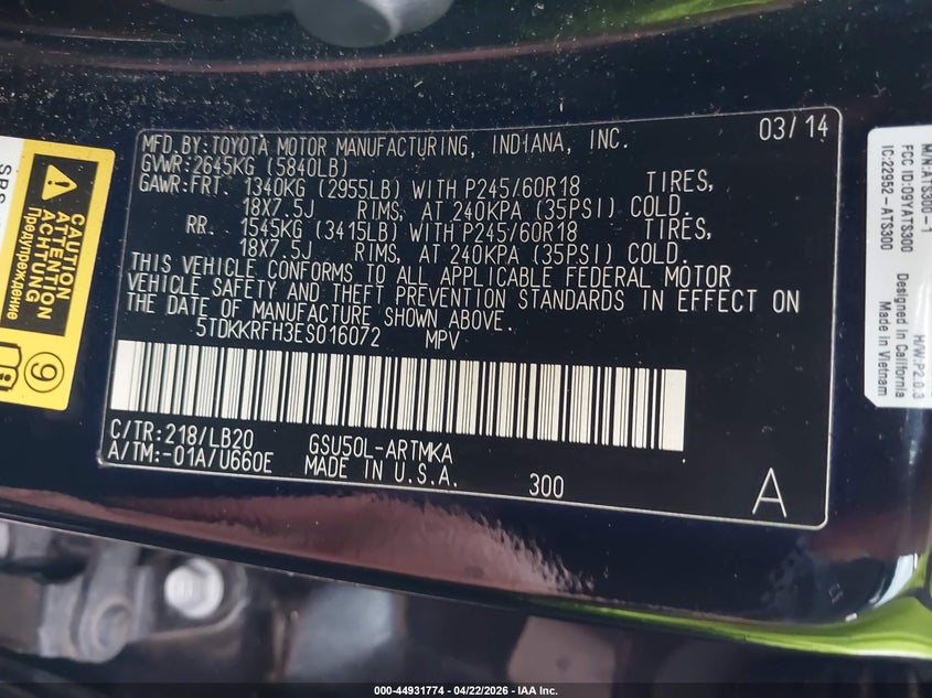 2014 Toyota Highlander VIN 5TDKKRFH3ES016072 IAAI salvage auction — FRONT END, Original (Texas), sold $7,050 on 2026-07-23 (photo 9)