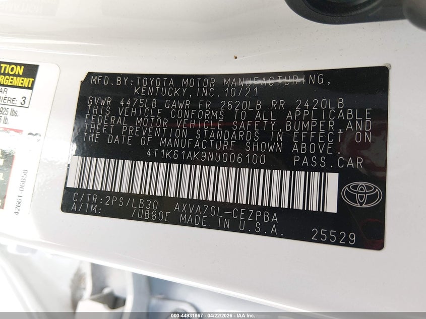 2022 Toyota Camry VIN 4T1K61AK9NU006100 IAAI salvage auction — FRONT END, Salvage Title, sold $10,000 on 2026-07-09 (photo 9)