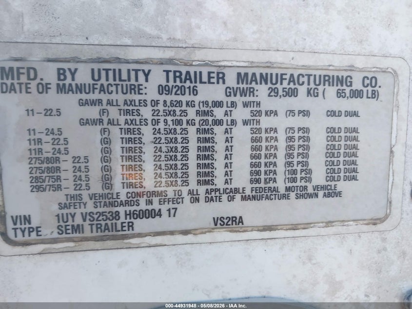 2017 Utility trailer mfg Unknown VIN 1UYVS2538H6000417 IAAI salvage auction — FRONT END, Wait Title, sold $3,350 on 2026-09-02 (photo 9)