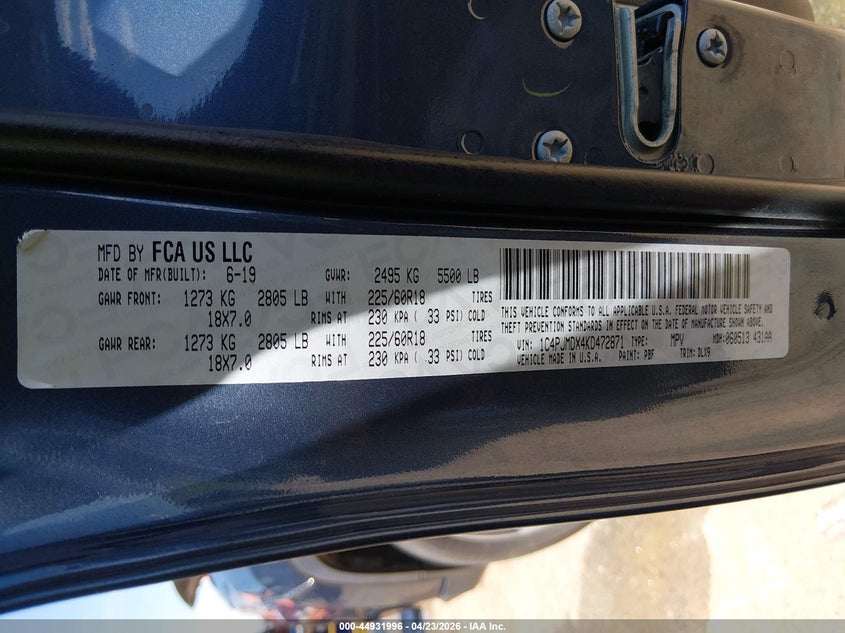 2019 Jeep Cherokee VIN 1C4PJMDX4KD472871 IAAI salvage auction — FRONT END, Salvage (Missouri), sold $1,600 on 2026-07-17 (photo 9)