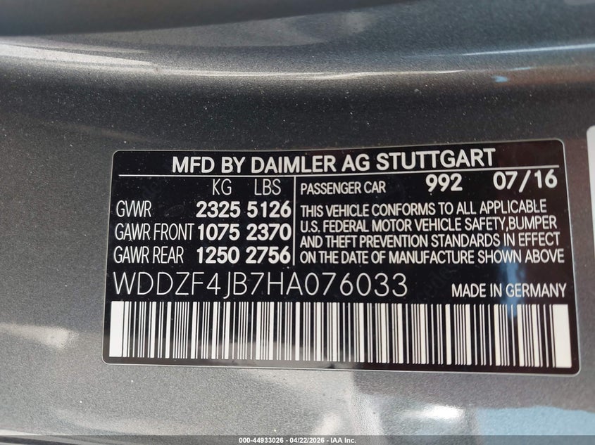 2017 Mercedes-benz E-klasse VIN WDDZF4JB7HA076033 IAAI salvage auction — FRONT END, Salvage (California), sold $1,300 on 2026-07-24 (photo 9)
