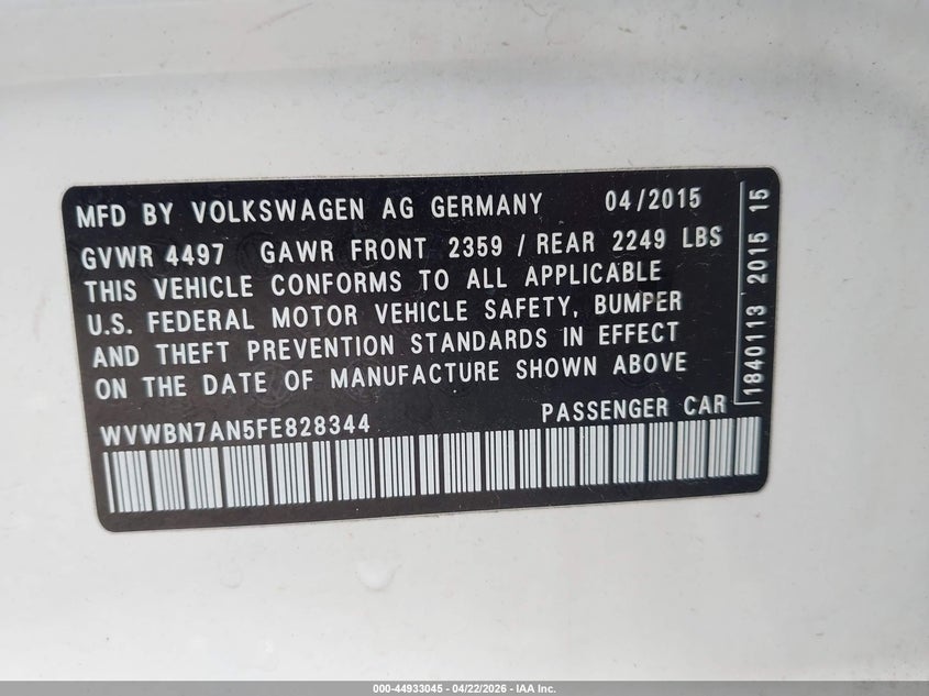 2015 Volkswagen Passat cc VIN WVWBN7AN5FE828344 IAAI salvage auction — FRONT END, Salvage (Texas), sold $2,350 on 2026-07-10 (photo 9)