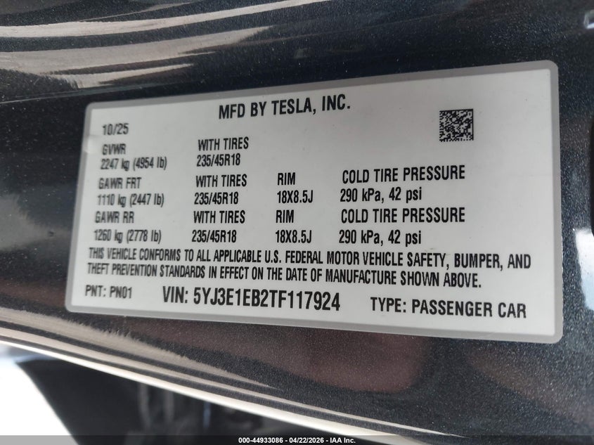 2026 Tesla Model 3 VIN 5YJ3E1EB2TF117924 IAAI salvage auction — FRONT END, Salvage - Greater Than 75% (Maryland), sold $13,300 on 2026-08-01 (photo 9)