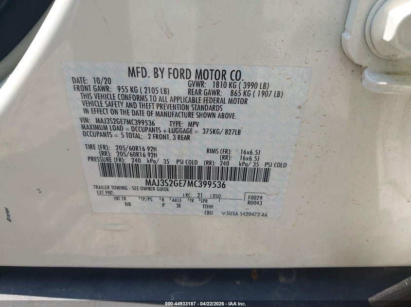 2021 Ford Ecosport VIN MAJ3S2GE7MC399536 IAAI salvage auction — FRONT END, Salvage (Georgia), sold $2,000 on 2026-08-01 (photo 9)