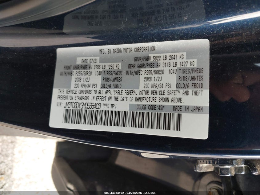 2021 Mazda Cx-9 VIN JM3TCBDY3M0535403 IAAI salvage auction — ROOF, Salvage (Missouri), sold $7,100 on 2026-07-09 (photo 9)