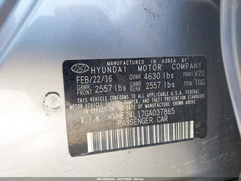 2016 Hyundai Sonata VIN KMHE24L17GA037865 IAAI salvage auction — FRONT END, Original (Texas), sold $2,300 on 2026-07-07 (photo 9)